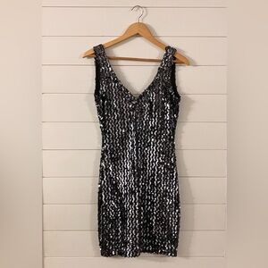 Y2K Silver Sequin Sleeveless Black Dress
